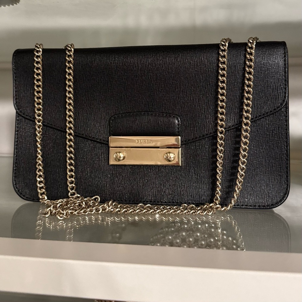 Furla Italian real leather black bag gold hardware chain strap purse